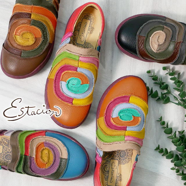 エスタシオン レディース スリッポン 痛くない カラフル 渦巻き ローカット 疲れない コンフォートシューズ 本革 ぐるぐる 履きやすい レザーシューズ 歩きやすい カジュアルシューズ MLH2144
