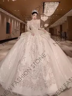 ウェディングドレス2024新型宮廷風高級質感フレンチ長袖ウェディングドレス-64