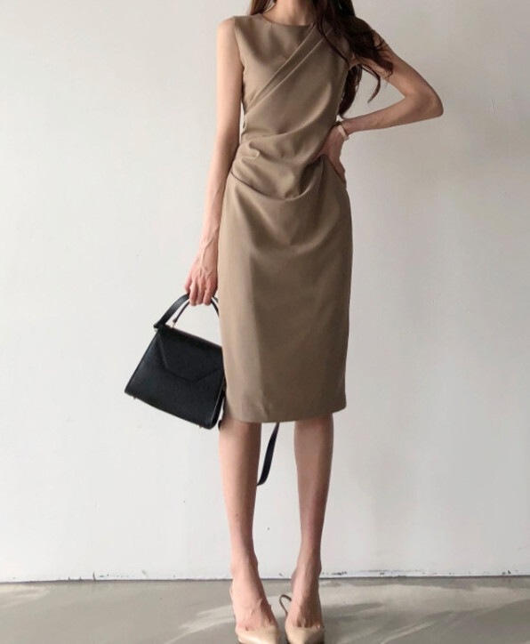 TK0016 ワンピース ノースリーブ タイト ドレープ 膝丈 シンプル エレガント オフィススタイル