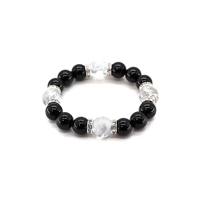 石輝　 天然石オニキス12ｍｍ銀彫り五本爪皇帝龍水晶14ｍｍパワーストーン数珠ブレスレット　オリジナ