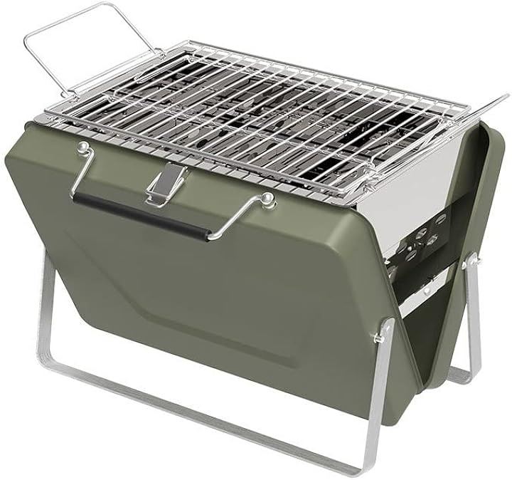バーベキューコンロ アタッシュケース型 グリル V型 卓上グリル BBQ グリーン( Green, 4人用)