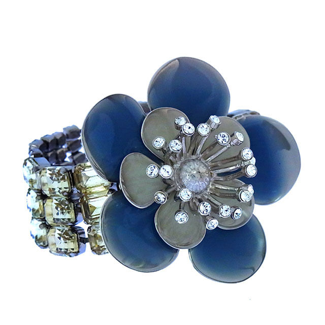 ブレスレット アクセサリー フラワーモチーフ ストーン＆ジュエル付き シルバー ブルー クリア系 中古