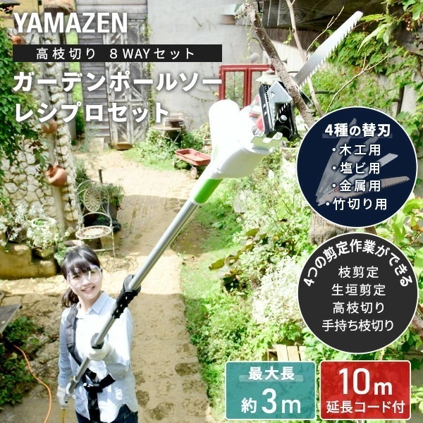 8WAY 高枝ポールトリマー/高枝ポールソー レシプロセット AC電源 最大長さ3m 延長コード10m付き 枝切り/木工/塩ビ/金属/竹切り 替刃付き PHS-3000＋α