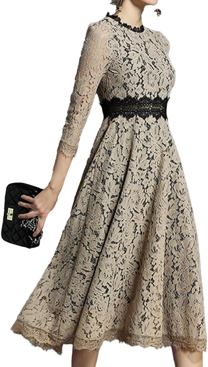 ワンピース パーティー ドレス 総レース 花柄 刺繍 ロング丈 フォーマル XLサイズ( カーキ, XL)