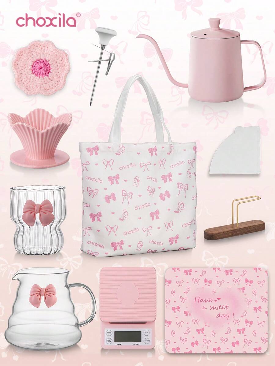 choxila コーヒーセットリボン柄バッグ付きピンクコーヒーセットドリップコーヒーセットドリップコーヒーアクセサリートラベル キャンプ フェスティバルコーヒーギフト