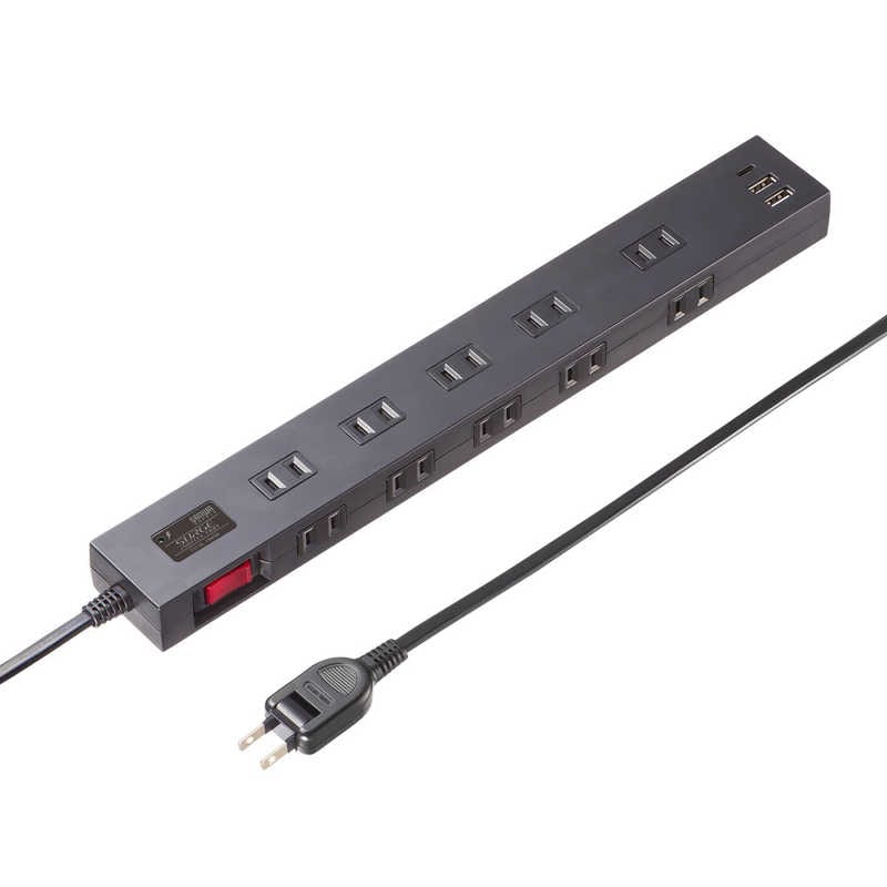 サンワサプライ　雷タップ 10個口＋USB-A＋Type-C(PD20W)　TAP-SP2110NUC-3BK