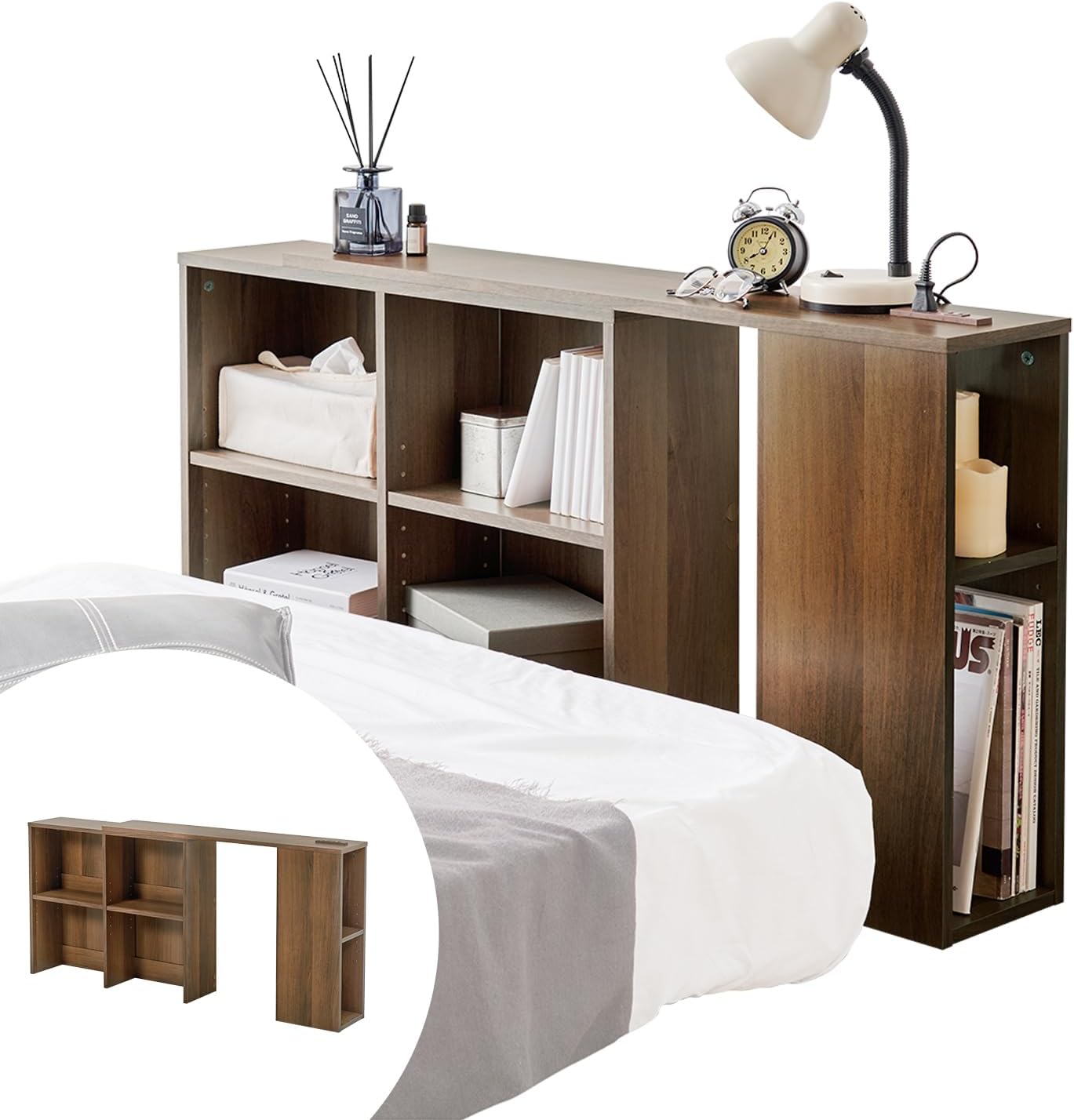 ヘッドボード 後付け 伸縮 【S-Qサイズまで対応】 棚 宮棚 スライド 収納 薄型 1500W 2口 コンセント ブラウン VKH-7709BR