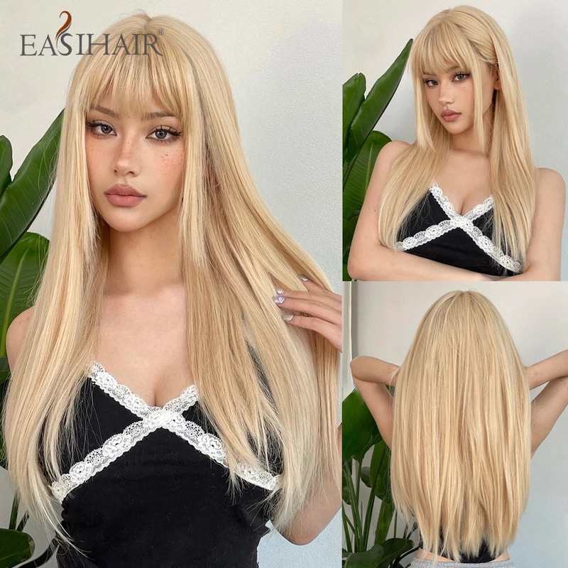 EASIHAIR ブロンドゴールデンロングストレート合成かつら前髪ベージュロリータ毛ウィッグ女性のためのデイリーパーティー耐熱ファイバー