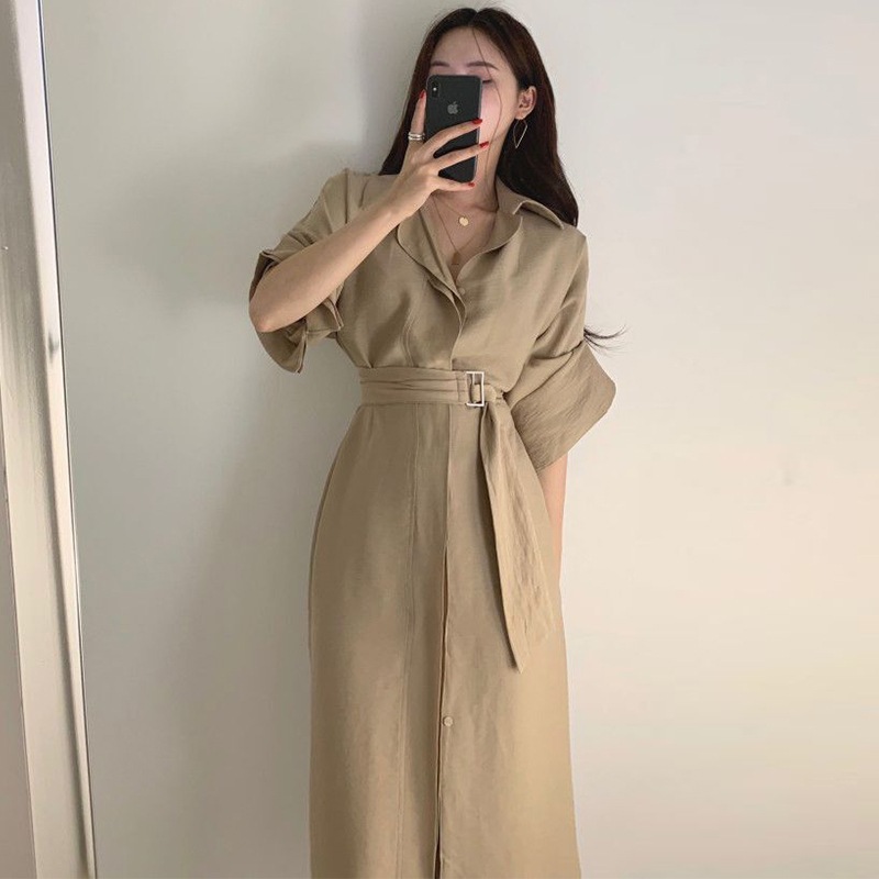 韓国 チックフレンチ フレンチラペル シングルバックルタイ 長袖 ドレス ワンピース シャツワンピース ひざ丈 膝下 長袖 Vネック ストレート シフォン ベルト ウエストマーク ウエストリボン