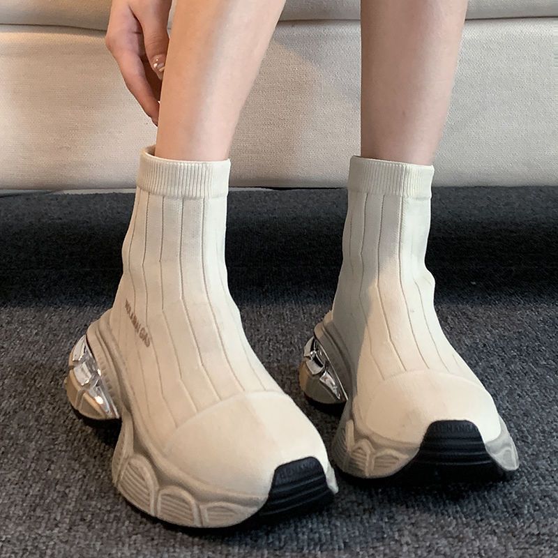 冬新作 厚底靴 ショットブーツ ラウンドトゥ ニット ズック靴 ハイカットスニーカー 松糕鞋 英伦風 百掛け快適流行りハンサム韓国ファッション