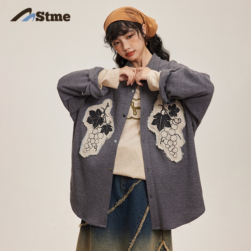 早乙女恵子ソーアカメ ワッフルドレープ感グレープワッペン刺繍ゆったり万能シャツ
