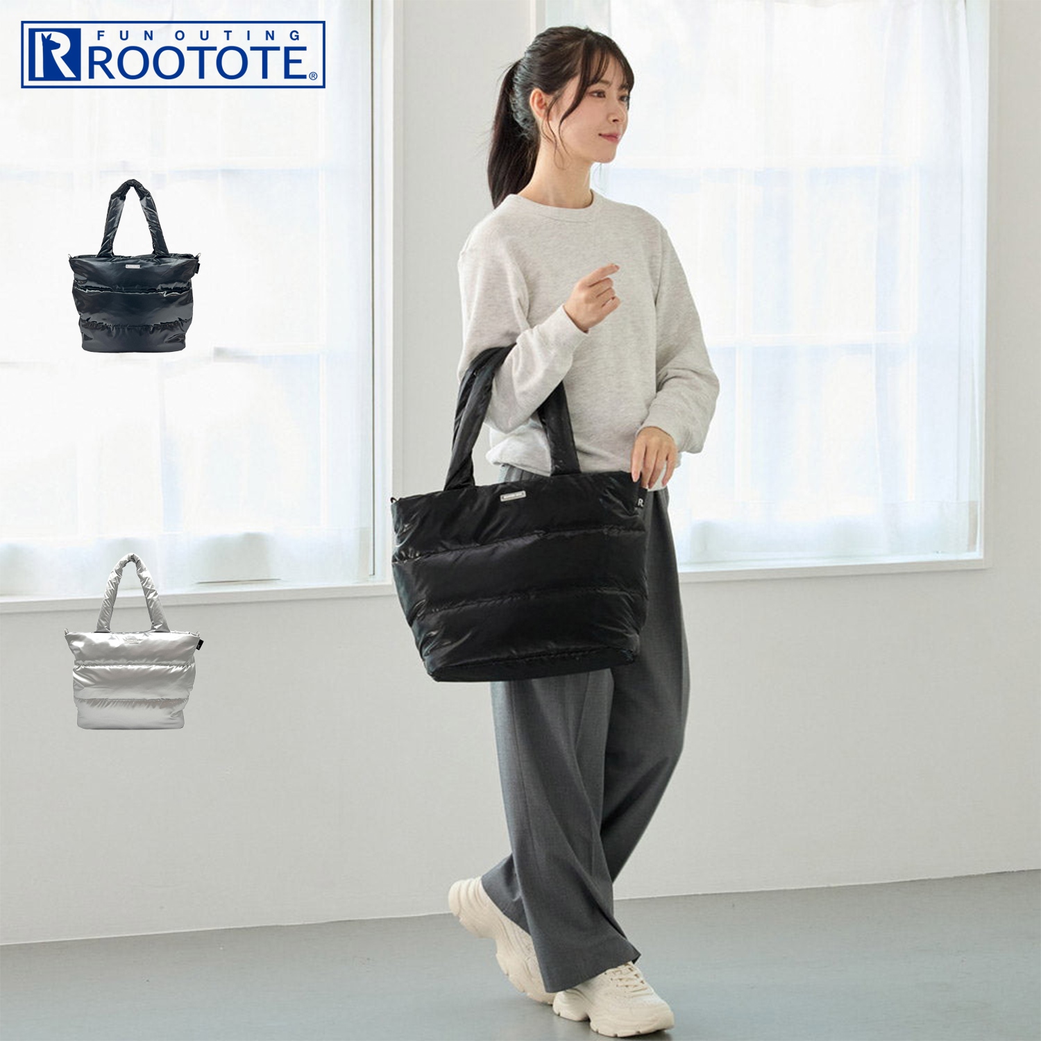 トートバッグ レディース ファスナー付き A4サイズ対応 ミディアム モダン ブラック シルバー 黒 3685