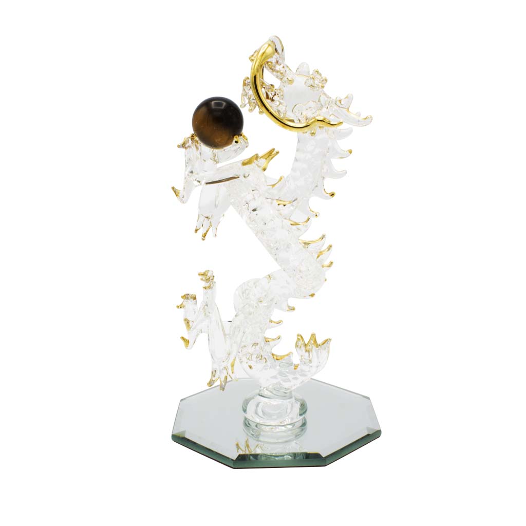 昇龍ガラス細工 15cm タイガーアイ丸玉付き 八角鏡台座