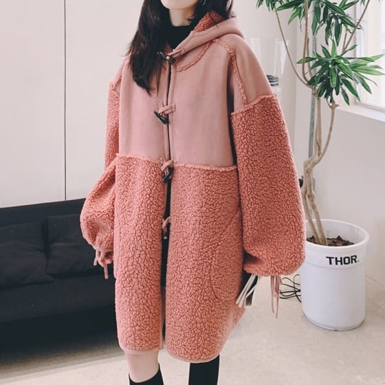 ボアブルゾン レディース ジャケット アウター ダッフル フリース フェイクスエード もこもこ ミディアム丈 フード ボア オーバーサイズ 韓国風 軽い 軽量 フード付き 冬服 厚手 アウター lou