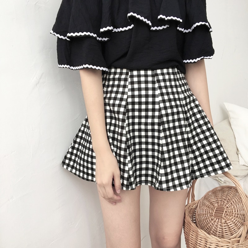 3040.ギンガムチェックミニ丈スカート（ブラック）