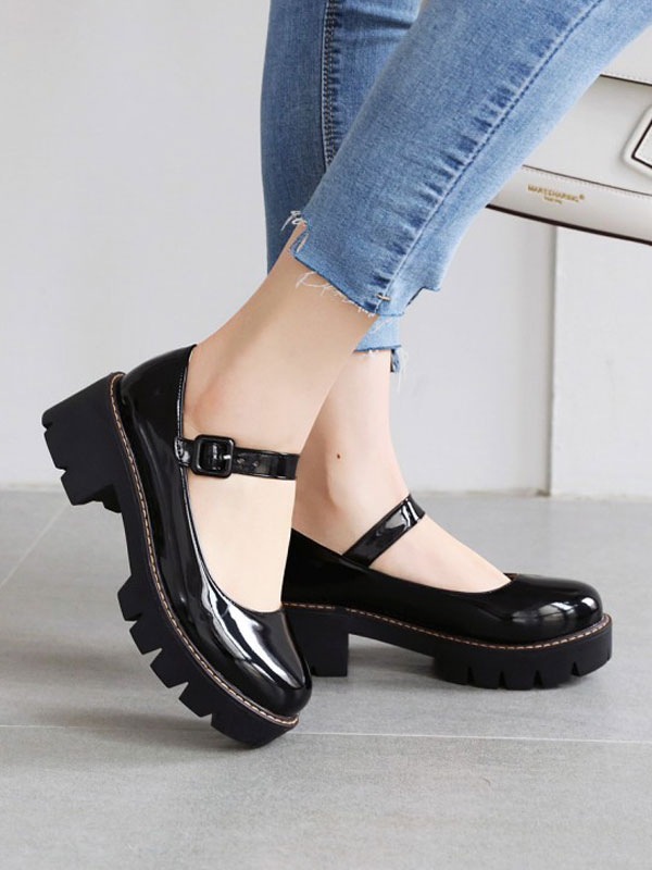 【新品開催 】ロリータシューズブラックPUレザー子犬ヒールロリータパンプス