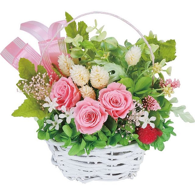 プリザーブドフラワー籠入り ピンク