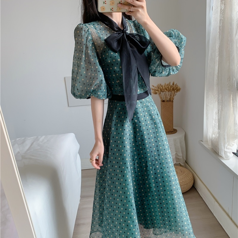 新作 レディース ワンピース ロング ロング丈 半袖 ボリューム袖 Vネック フレア レース リボン