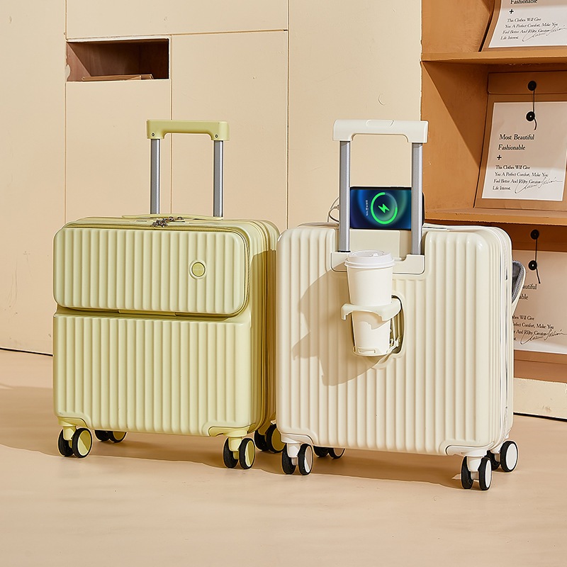 女性用荷物フロントオープン18インチ搭乗用小型トロリーケース軽量多機能サイドオープンスーツケース男性用