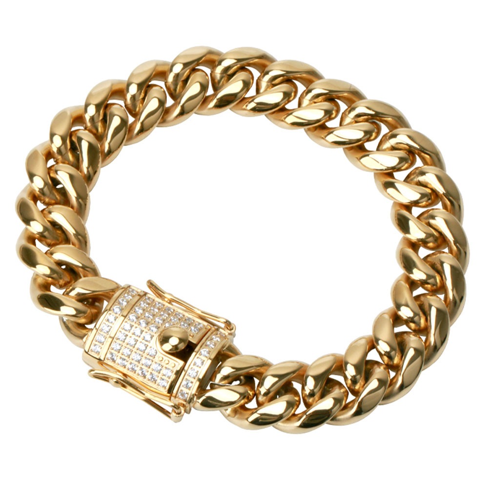 ステンレスCZ喜平ブレスレット 14mm [b284-gold-14mm]