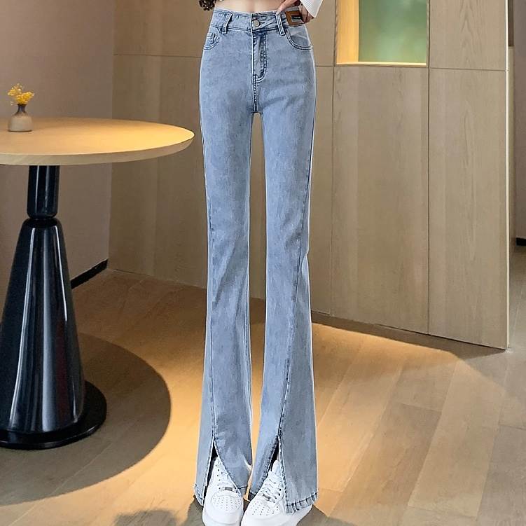 デニム ジーンズ ハイウエスト スリット レディース ロング丈 ロングパンツ ジーパン パンツ トレンド 韓国 ストレート Iライン タグ ズボン タイト スリム 細身 細見え 10代 20代 30代