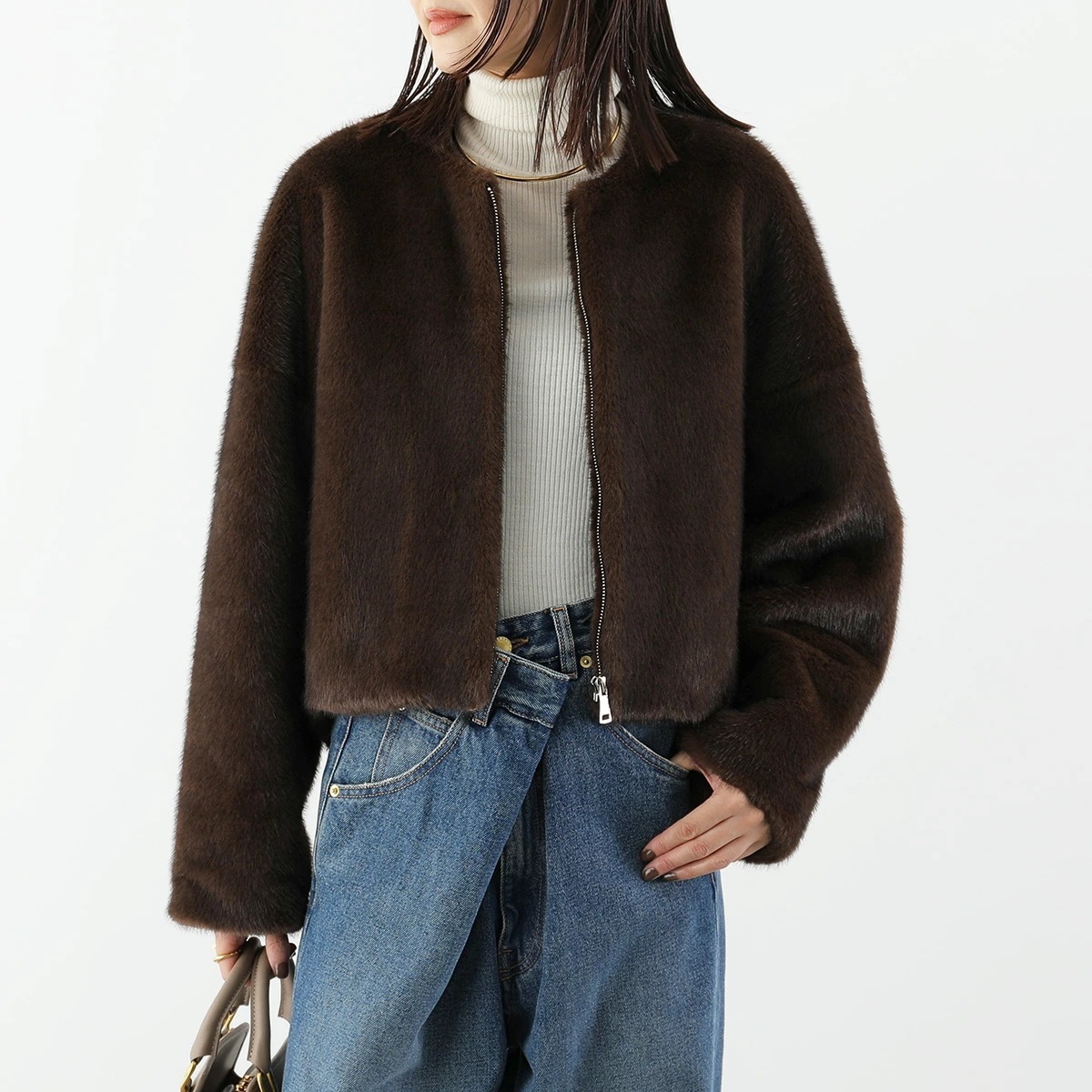 anana アナナ ファーブルゾン a79-015 レディース エコファー ミンクライク ノーカラー ショート丈 BRW