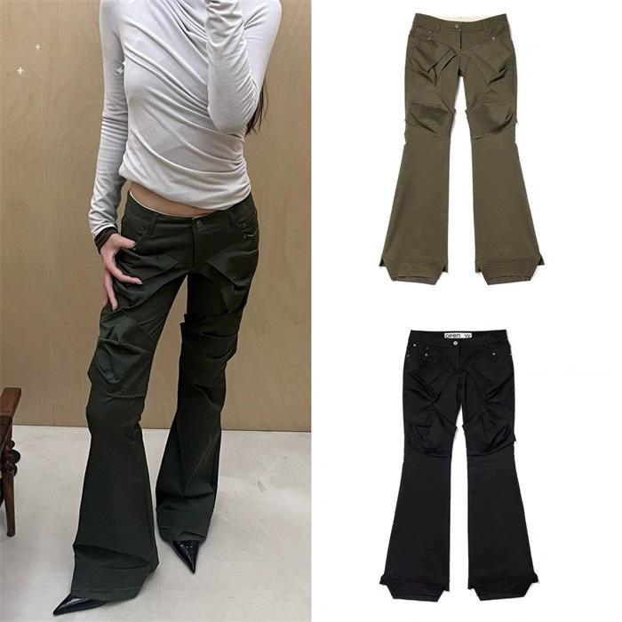 【OPEN Yy】 GATHERED BOOTCUT PANTS : ブラック/カーキ【並行輸入品】