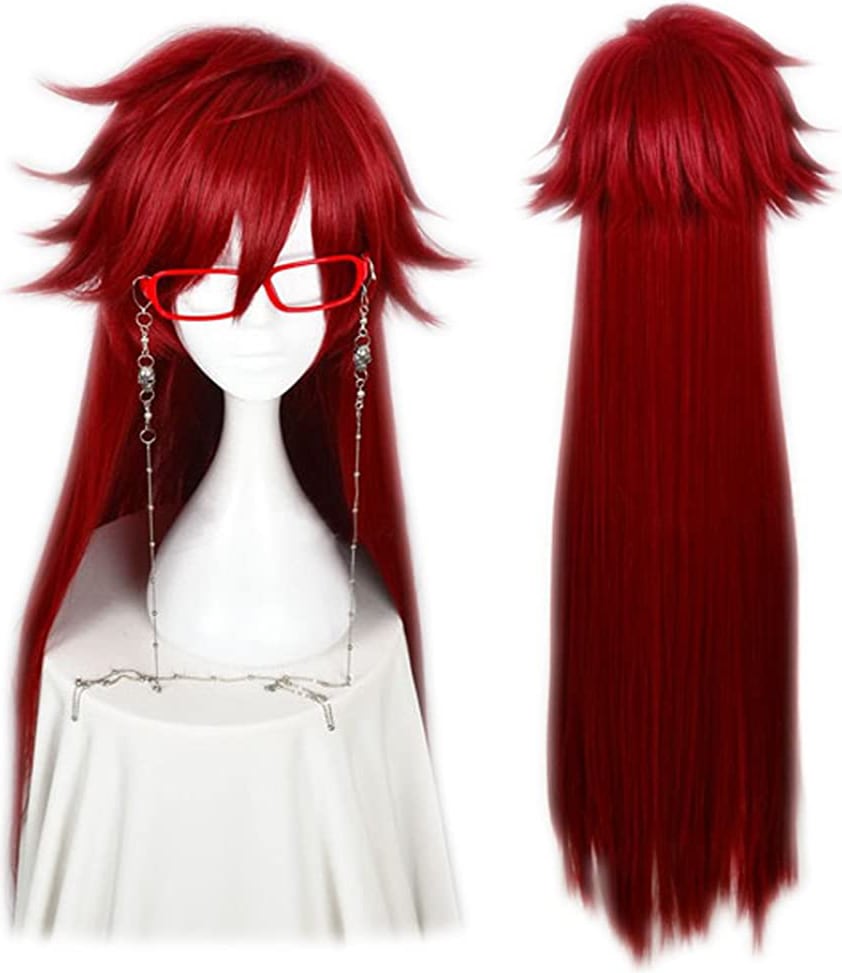 コスプレウィッグ 黒執事 グレルサトクリフ 赤ver メガネ付き かつら 耐熱 長髪 耐熱 文化祭 小物 変身 仮装 ステージ服 舞台