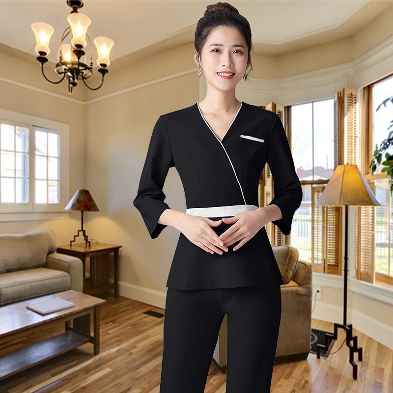 秋冬 美容室 作業服 女性美容師 足湯技師 Spa ヘルスセンター スーツ ミッドスリーブスーツ ブラック