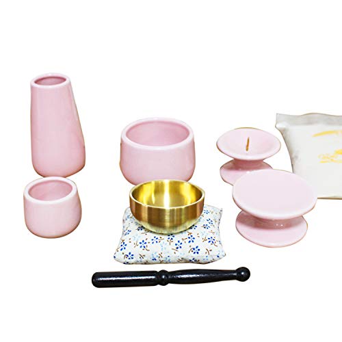 ミニ 仏具 7点セット おりん（こりん） 香炉 香炉灰 ローソク立て 花瓶 湯呑 供物台 ピンク