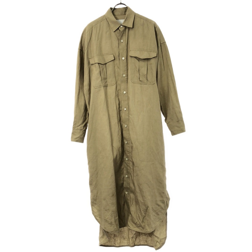 日本製 リネン 長袖 ロング シャツワンピース F ベージュ レディース