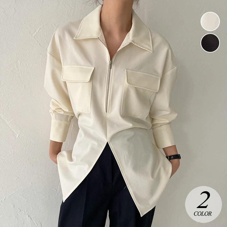 長袖 シャツ レディース 春 秋 襟付きシャツ ハーフジップ 胸ポケット カジュアル ホワイト ブラック 白 黒 長袖シャツ トップス 長袖トップス シック 韓国ファッション