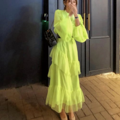 長袖ワンピース シフォン素材 透け感 ワンピース A1291