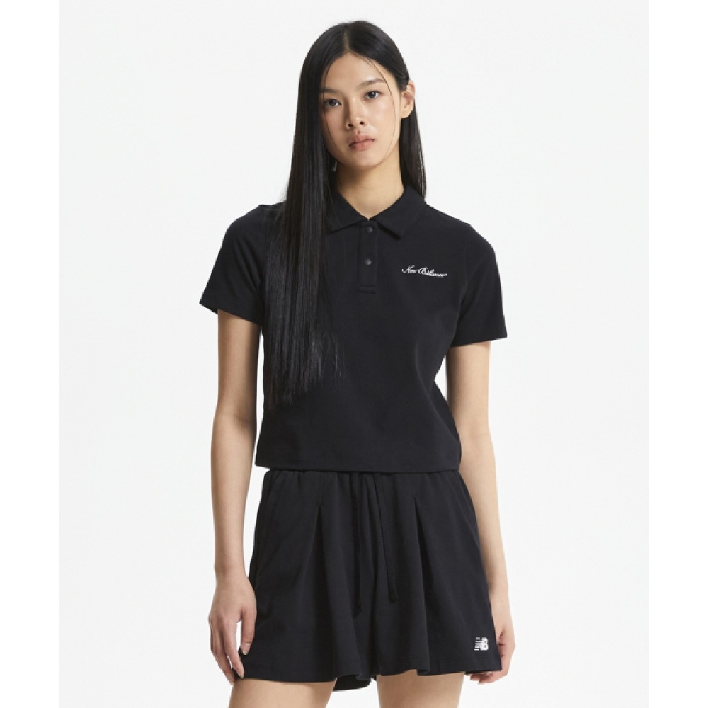 NEW BALANCE ウィメンズ シングルメッシュ セミクロップ カラー 半袖Tシャツ (ブラック) NBNFF2W412
