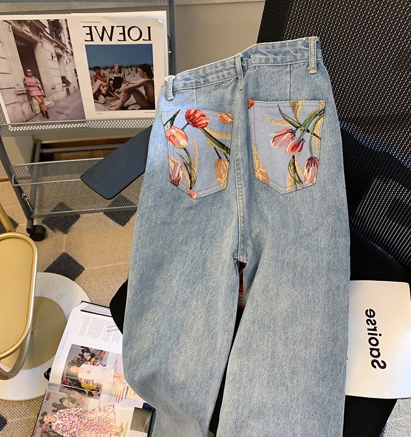 チューリップポケットデニムパンツ レトロフラワー ハイウエスト ジーンズ レディース 春秋 ゆったり ストリート 薄手 ストレートジーンズ デニム ジーンズ トレンド C222 5,933円