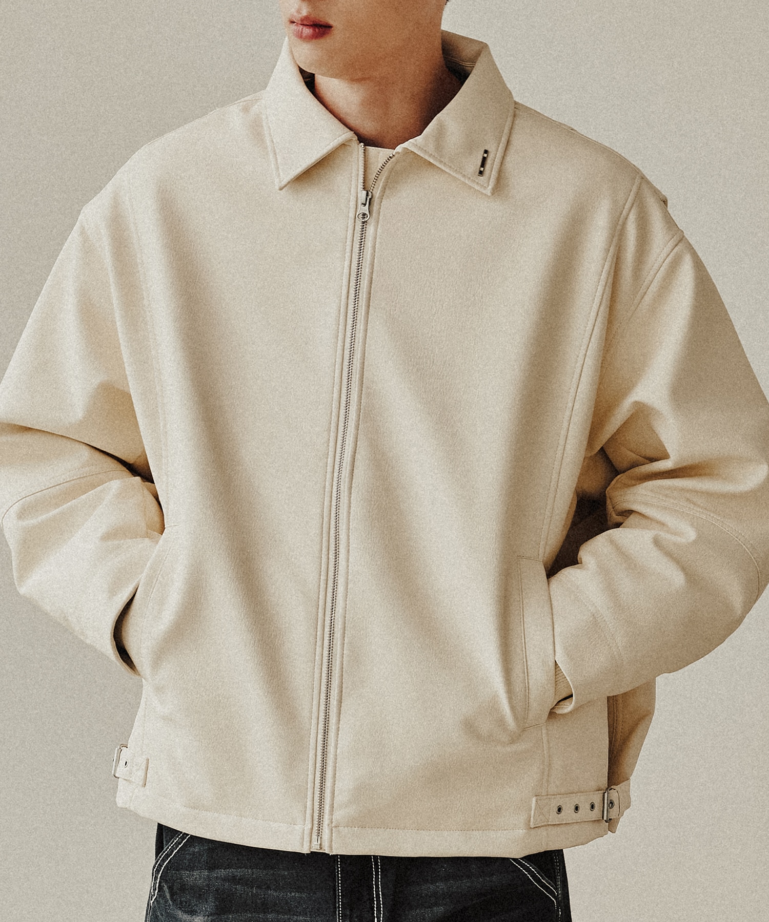 ロマンチッククラウンビーガンレザーシングルジャケット_オートミール