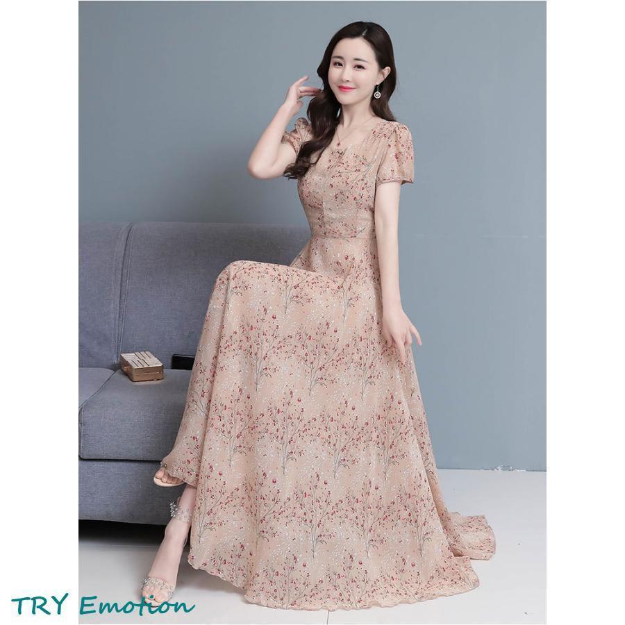 ワンピース レディース 40代 マキシワンピース 春夏 半袖ワンピース 花柄シフォン Vネック フレアスカート ひざ下 オシャレ結婚式ドレス お出かけ大きいサイズ 5,942円