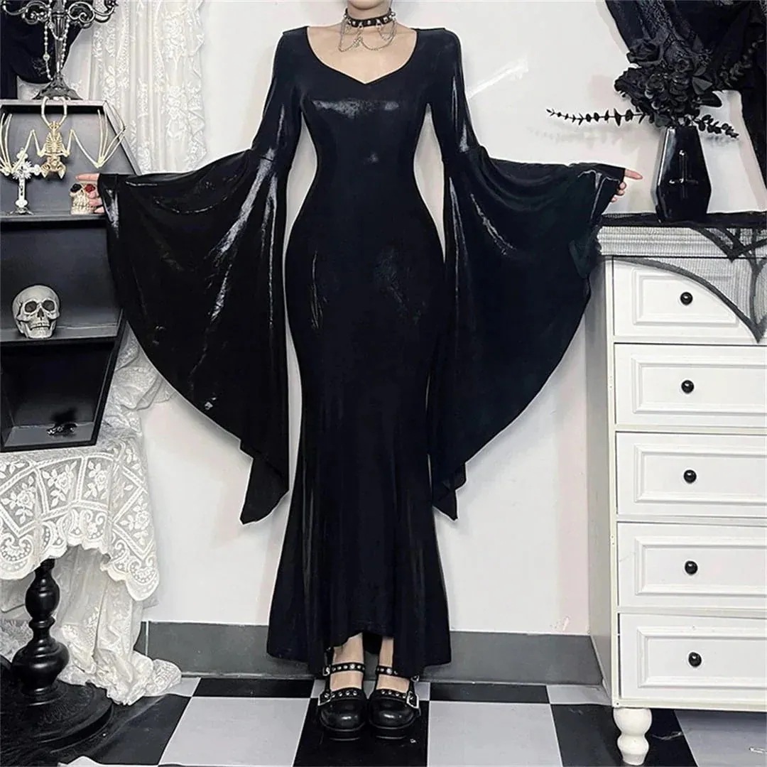 L S ロング 魔女 ワンピース ハロウィン ブラック M 暗黒系 ファッション 無地 短纳期 今年 黒 5,752円