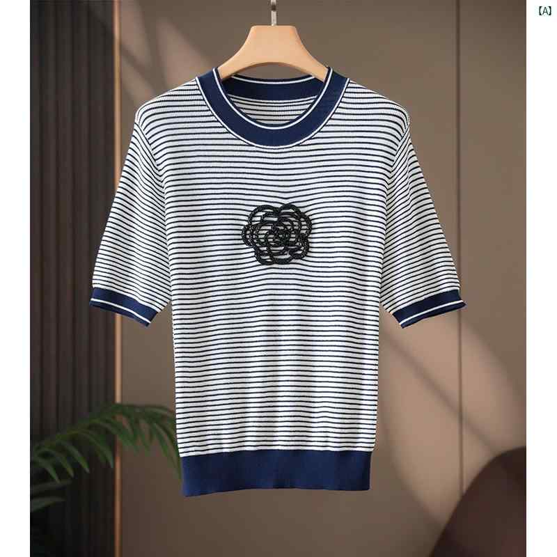 レディース ファッション　オシャレ　カジュアル　かわいい　綺麗 段差 感 て 魅力的 椿 ビーズ 薄手 ニット ストライプ 半袖 Tシャツ トップ レディース