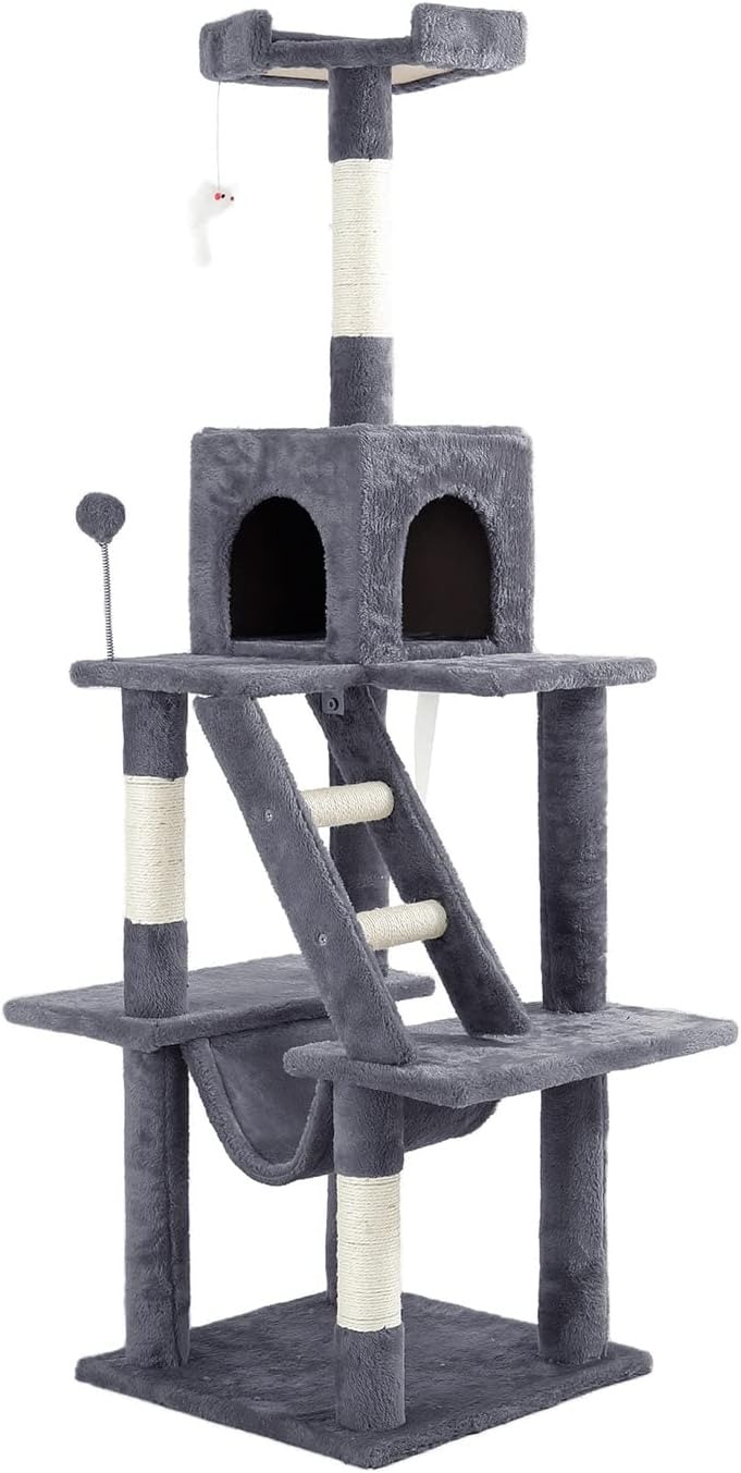 キャットタワー 据え置き スリム 幅46×高さ153cm 爪研ぎ 隠れ家 展望台 おもちゃ付き 多頭飼い 大型猫用 天然麻 シンプル 省スペース ペット 猫用 インテリア 組立簡単 安定性 子猫 老猫