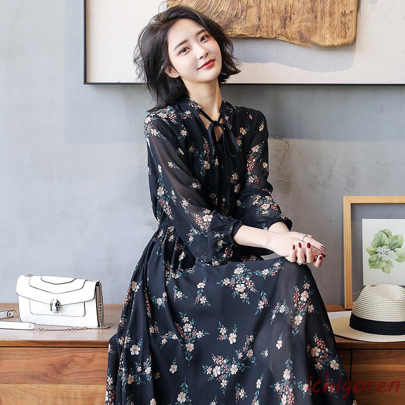ワンピース シフォンワンピース 花柄ワンピース レディース 春秋 オシャレ ロング丈ワンピース 長袖 パーティー 二次会 発表会 ゆったり きれいめ ブラック
