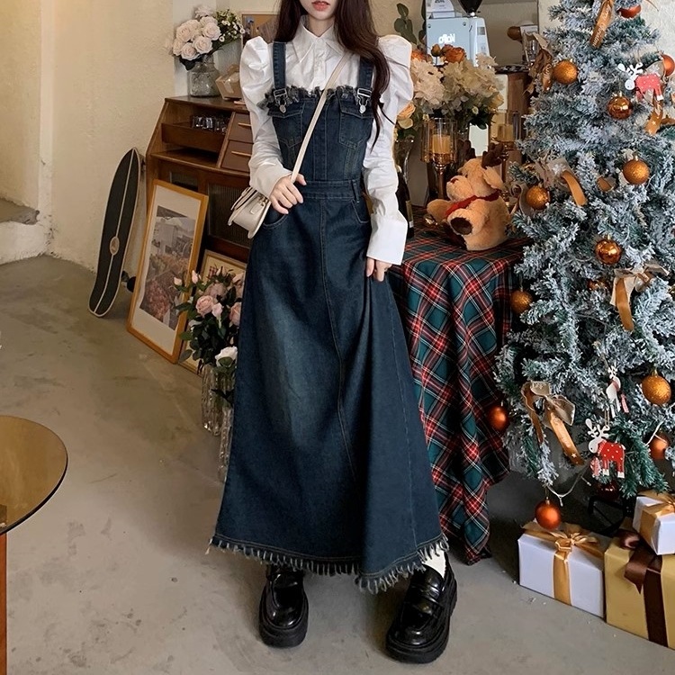 サロペット オーバーオール ボトムス レディース ロングスカート ロング丈 膝下 デニム Aライン 定番 ハイウエスト 万能 シンプル フレア 甘辛MIX 小悪魔 デイリー 普段使い パーティ