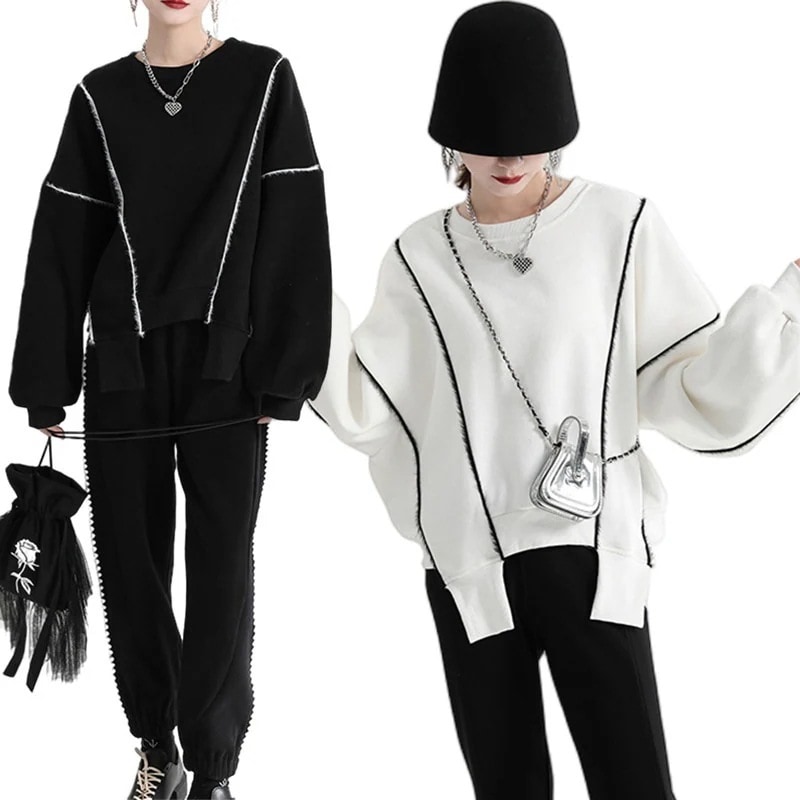 【J.Fashion】 春秋 トレーナー 裏起毛 裾スリット スウェット 保温 ラウンドネック ドッキング トップス カシミヤタッチ ブラウス メガ割 福袋 T