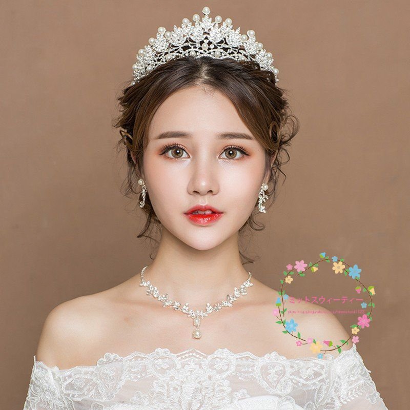 ティアラ クラウン ネックレス イヤリング 3点セット 結婚式 頭飾り 花嫁 二次会 パーティー 披