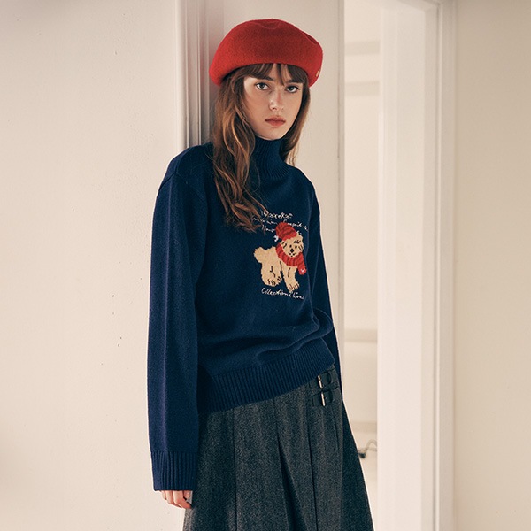 PUPPY JACQUARD HIGH NECK KNIT NAVY