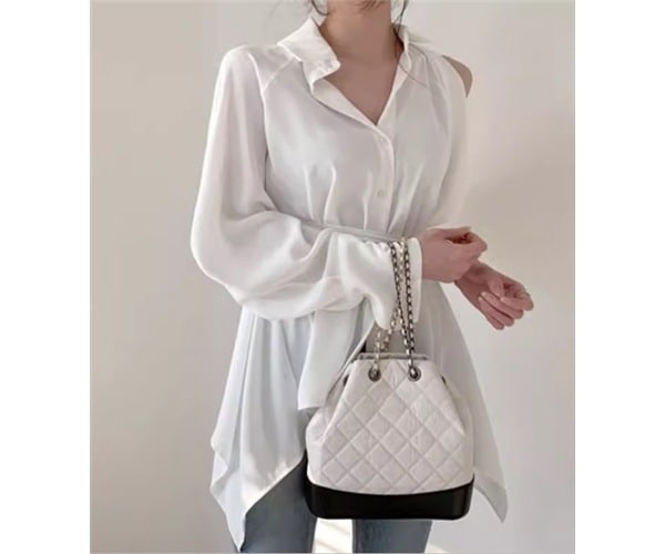 レディース トップス シャツ ミドル丈 長袖 ボリューム袖 ランタンスリーブ 腕出し 肩出し 襟付き ポロカラー 肌見せ 背中開き ウエストマーク バックリボン 前開き 異国風 ボタン 綿 コットン 5,561円