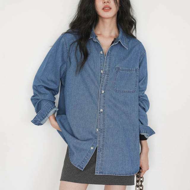 送料無料 デニムシャツ ブラウス レディースシャツ オーバーサイズ バンドカラー シャツ レディース 1色/S-XL