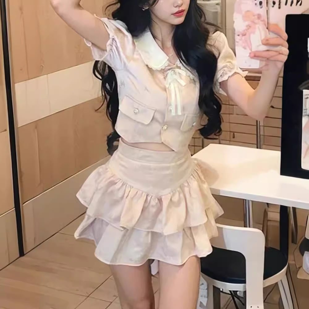 夏の甘くて魅惑的なパッチワークトップスセット（ファッショナブルなリボンデザインとスリミングケーキスカート付き）（2ピースセット）