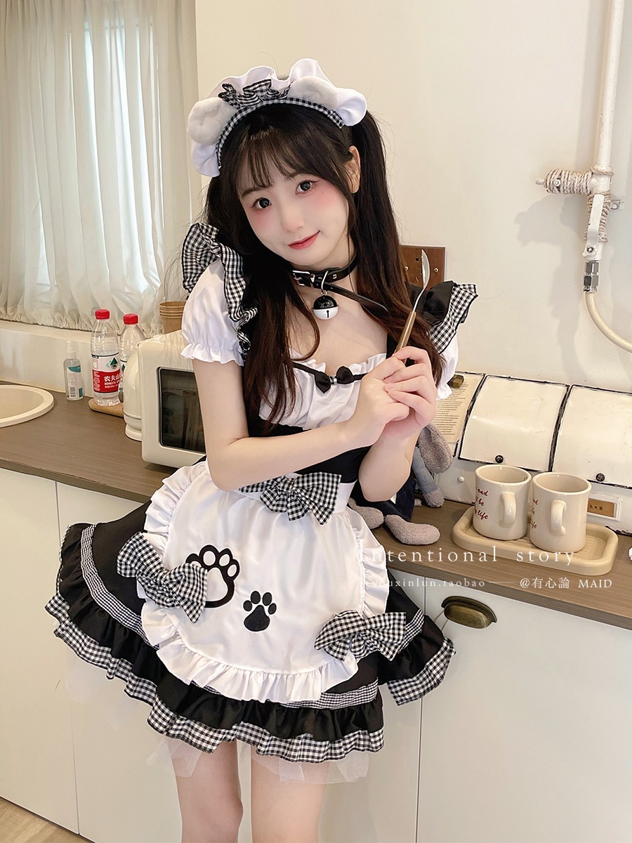 【1点ご購入 で10点プレゼントいたします】黒猫少女メイド服コスプレ黒シルクロリータ二次元かわいいワンピース