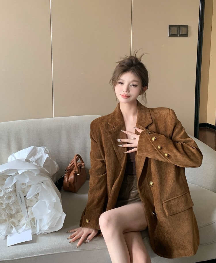 2色S-L韓国フェミニンなダウンブレザー冬のゆったりミドル丈で高級感のある雰囲気コットンを挟んだ厚めのスーツ